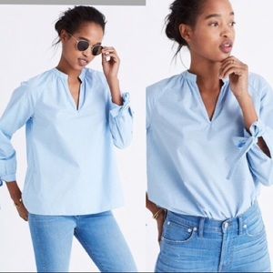 Madewell Blue striped bow tie popover blouse